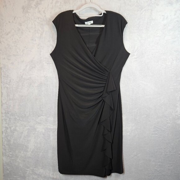 Jones Studio Draped Ruffle Midi Dress Womens Size 14 Black Party fitted cocktail - Picture 6 of 13